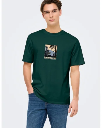 Tricou din bumbac cu imprimeu grafic discret, Verde padure