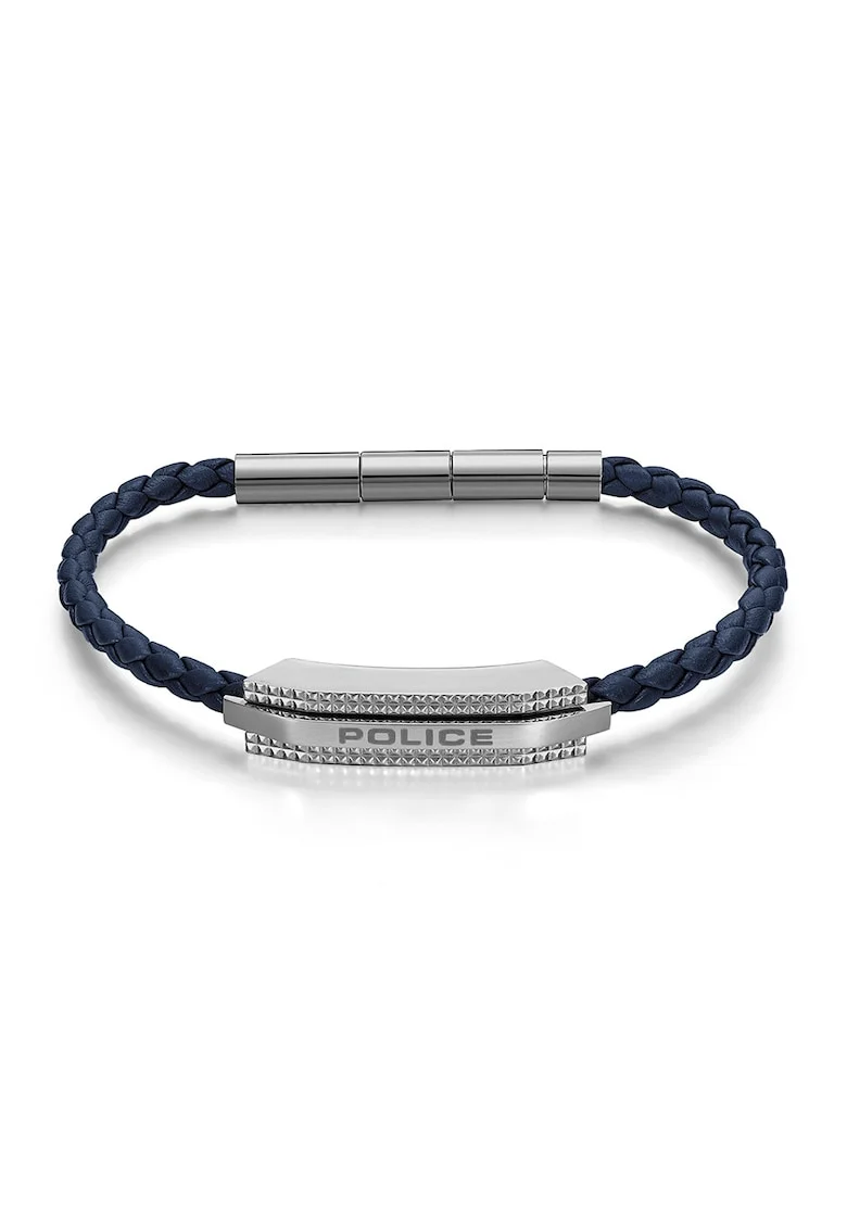 Bratara impletita de piele cu logo, Argintiu/Bleumarin