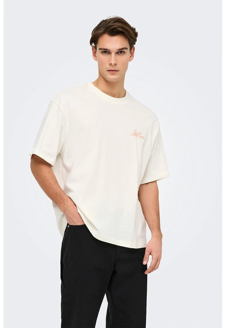 Tricou lejer cu imprimeu grafic si model text pe partea din spate, Alb/Roz prafuit
