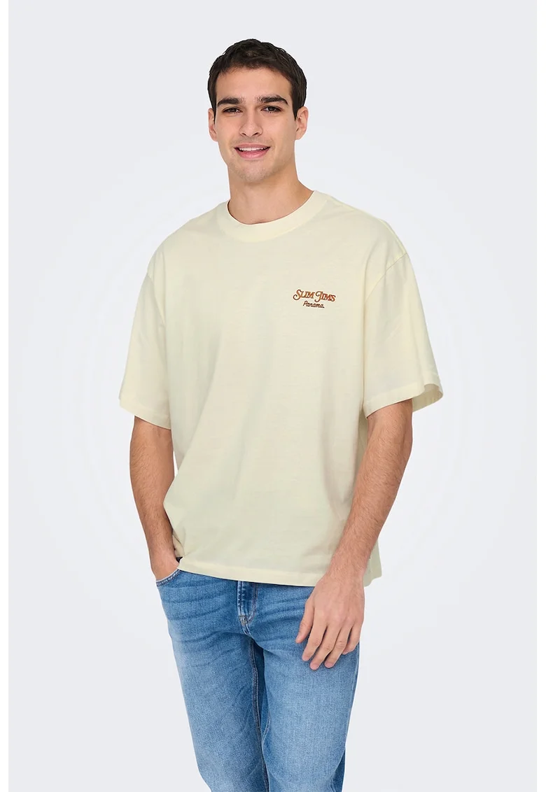 Tricou lejer cu maneci cazute si imprimeu pe partea din spate, Portocaliu/Crem
