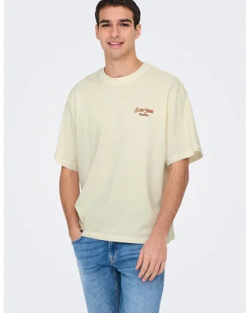 Tricou lejer cu maneci cazute si imprimeu pe partea din spate, Portocaliu/Crem