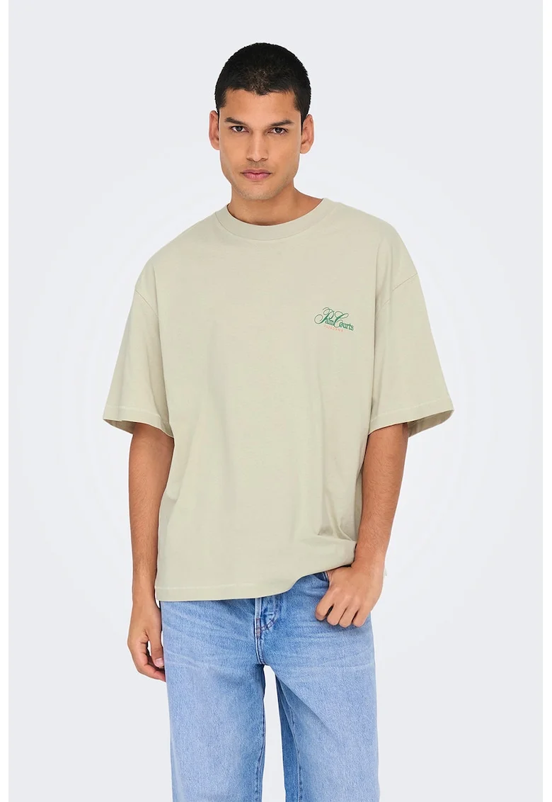 Tricou lejer cu imprimeu grafic si model text pe partea din spate, Verde/Verde pal
