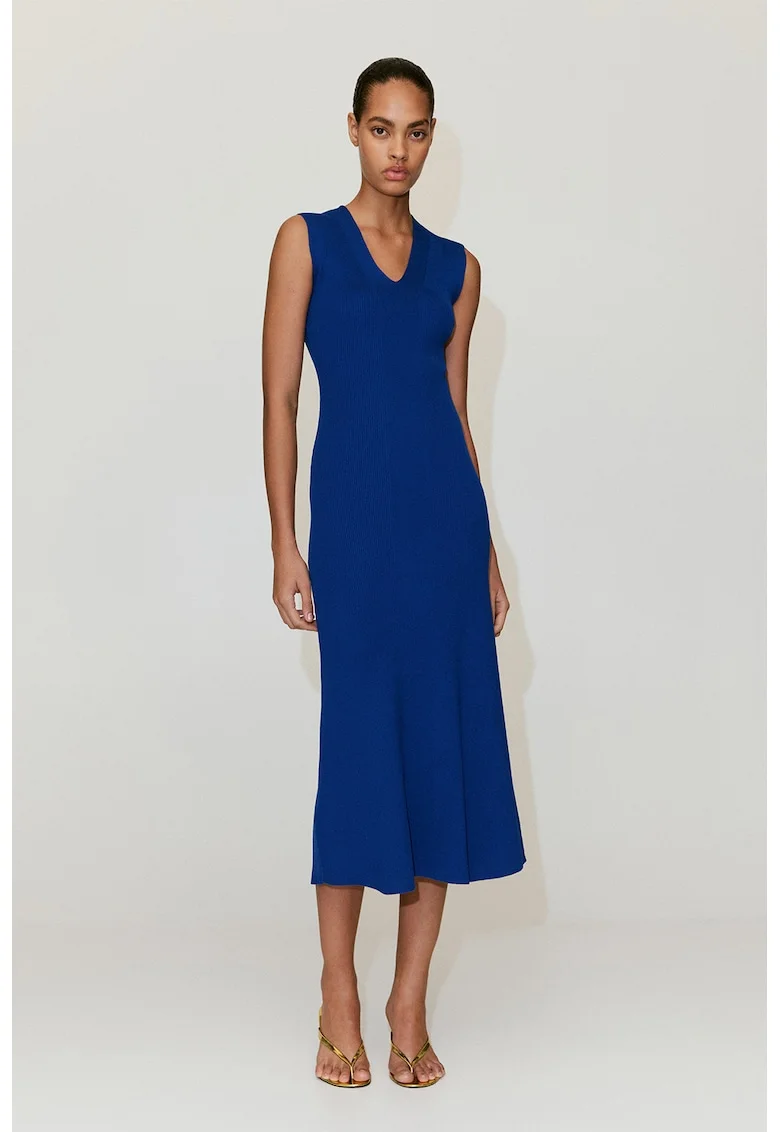 Rochie midi din tricot cu decolteu in V, Albastru royal