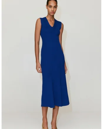 Rochie midi din tricot cu decolteu in V, Albastru royal
