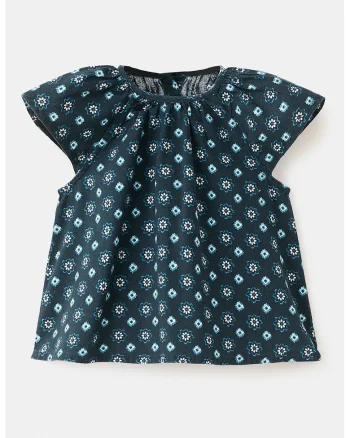 Bluza cu maneci scurte si model floral, Alb/Bleumarin