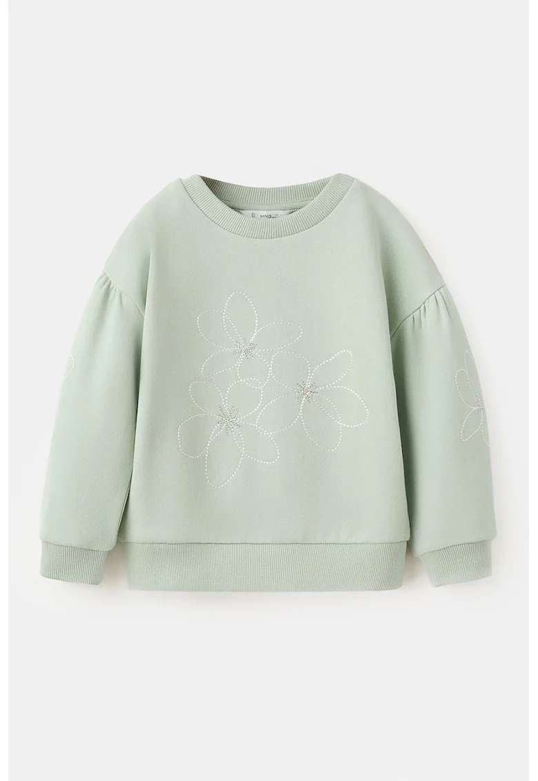 Bluza de trening din bumbac cu maneci cazute si broderie, Verde menta