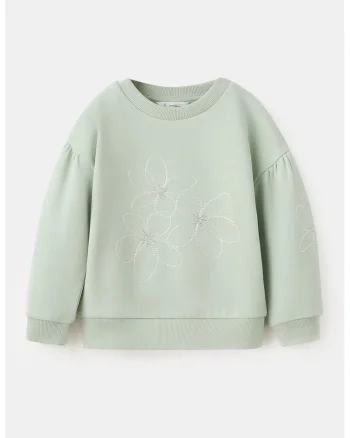 Bluza de trening din bumbac cu maneci cazute si broderie, Verde menta