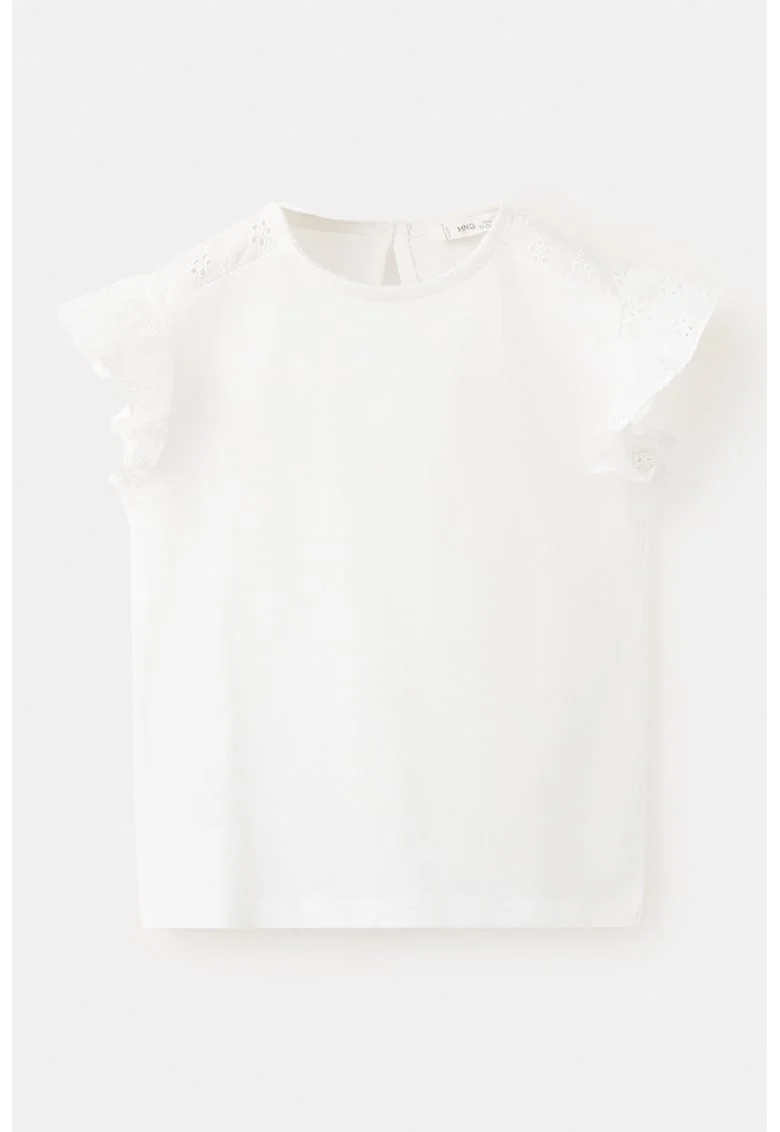 Tricou de bumbac cu volane din dantela sangallo, Alb