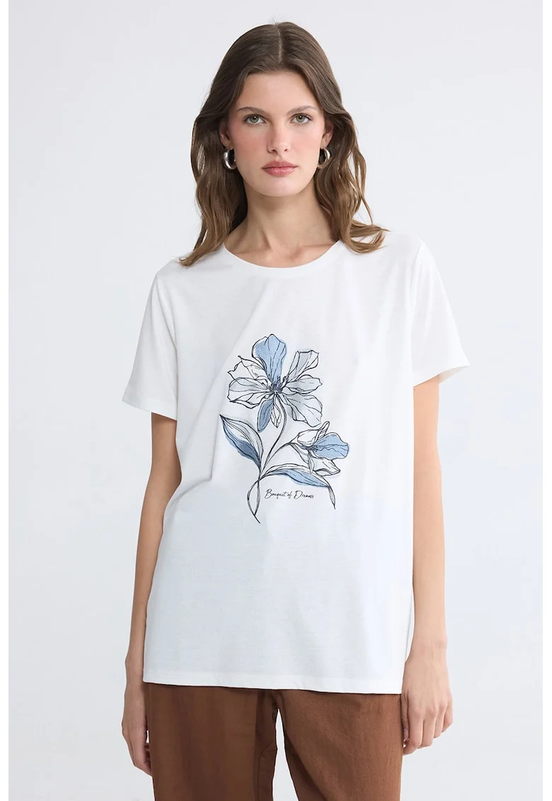 Tricou cu decolteu la baza gatului si imprimeu, Alb optic/Albastru deschis