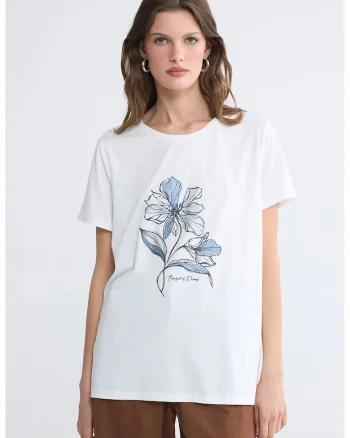 Tricou cu decolteu la baza gatului si imprimeu, Alb optic/Albastru deschis