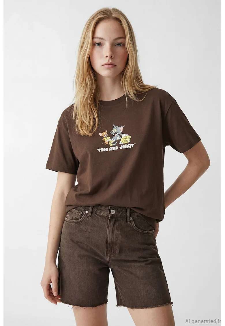 Tricou de bumbac cu Tom & Jerry, Alb/Maro cafeniu/Galben