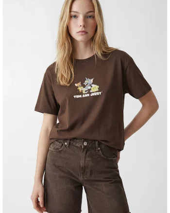 Tricou de bumbac cu Tom & Jerry, Alb/Maro cafeniu/Galben