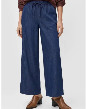 Pantaloni din chambray cu croiala ampla si snur, Albastru inchis