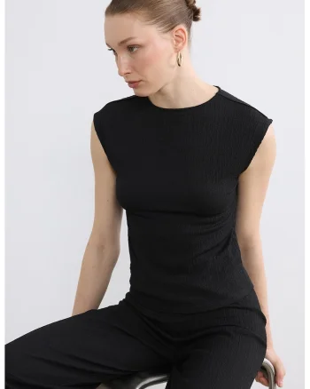 Top slim fit cu aspect texturat, Negru
