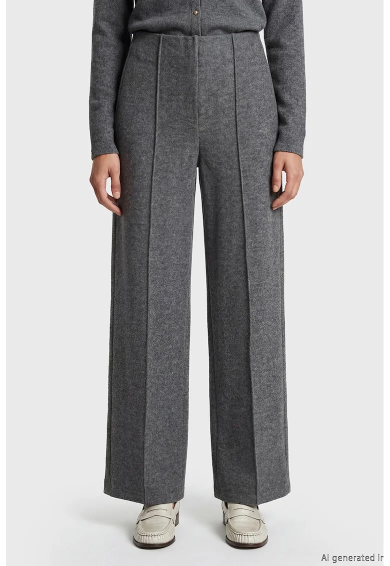 Pantaloni cu croiala ampla si talie inalta, Gri melange