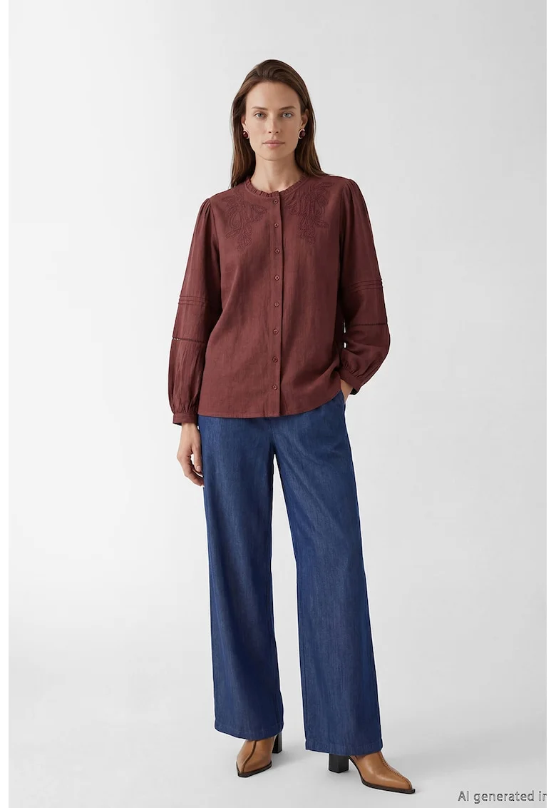 Camasa de bumbac cu broderie, Maro cognac
