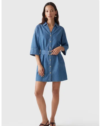 Rochie-camasa din denim cu o curea, Albastru inchis