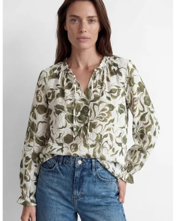 Bluza cu model si mansete elastice, Alb fildes/Kaki/Verde sparanghel