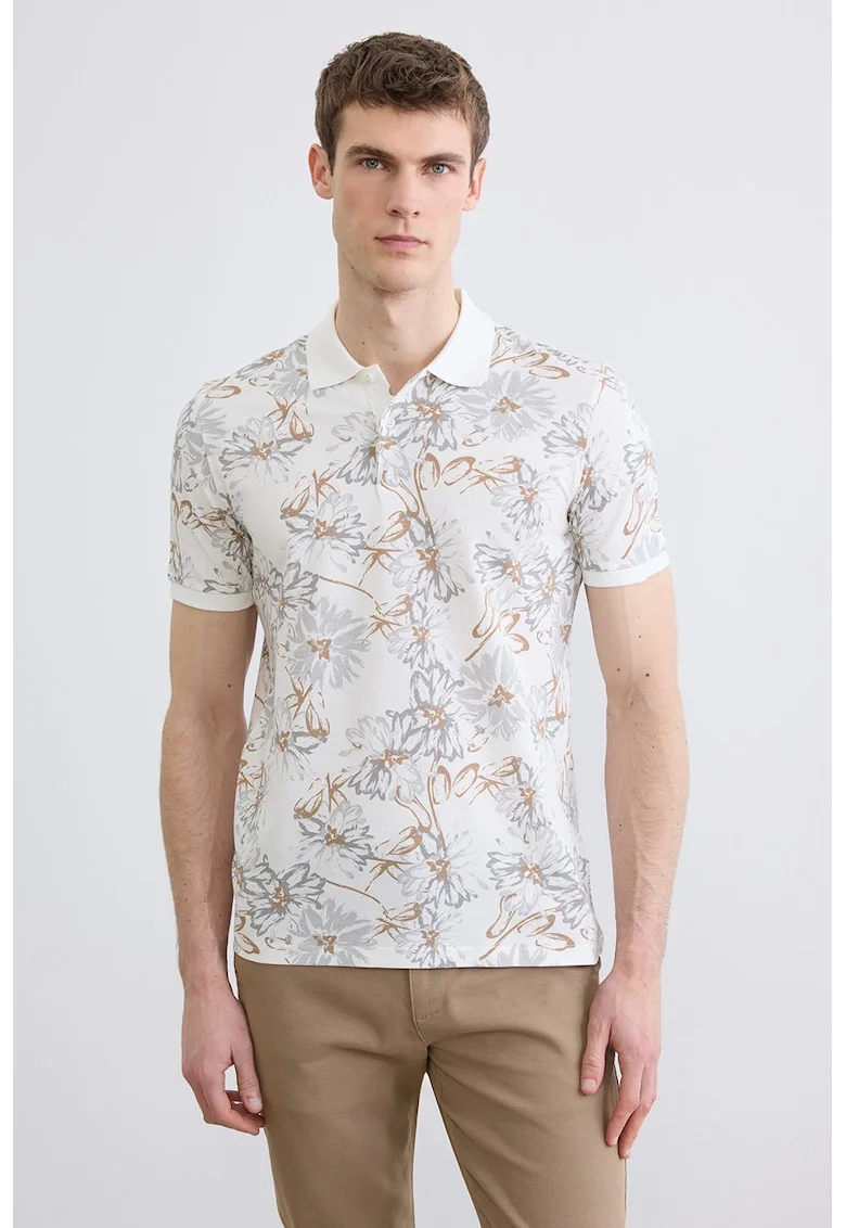 Tricou polo slim fit cu model, Alb/Gri deschis/Maro pamantiu