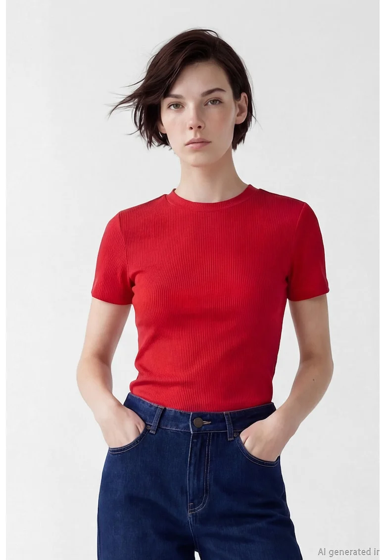 Tricou slim fit cu decolteu la baza gatului, Rosu vermillion