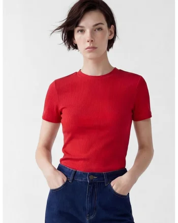 Tricou slim fit cu decolteu la baza gatului, Rosu vermillion