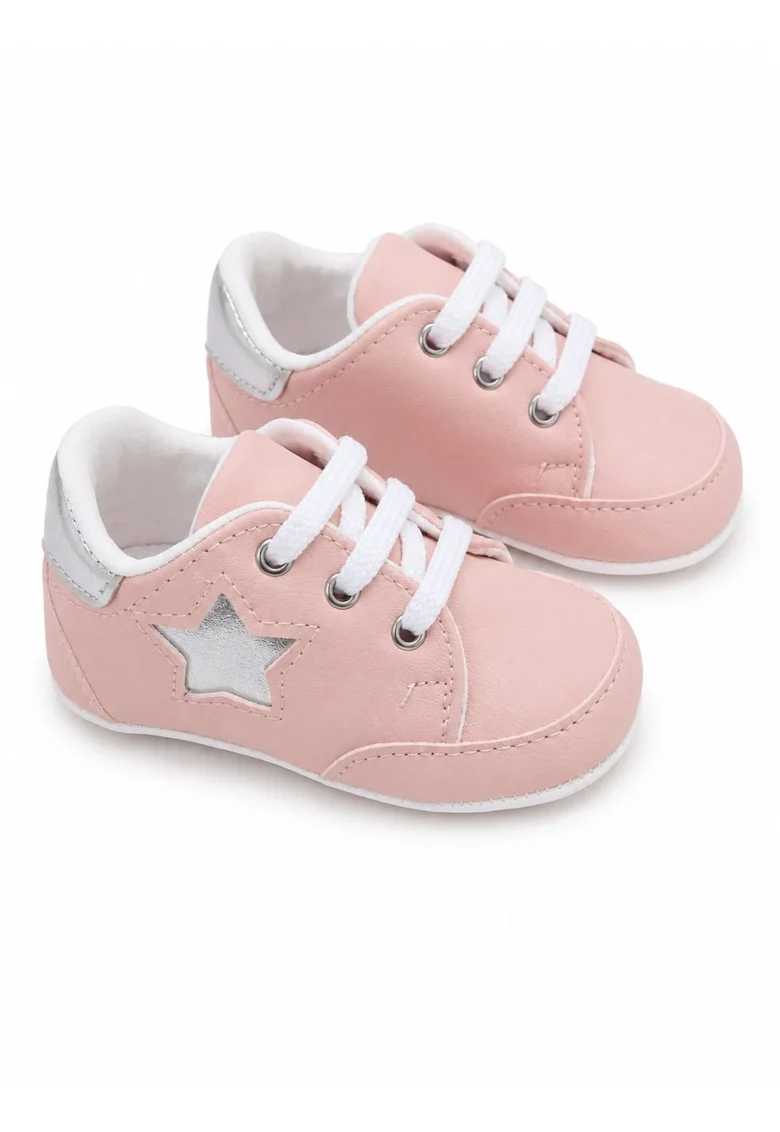 Pantofi bebe roz casual cu siret si aplicatie stea comozi