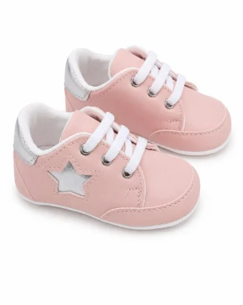 Pantofi bebe roz casual cu siret si aplicatie stea comozi