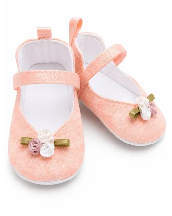 Balerini bebe roz piersica eleganti cu floricele decorative pentru fetite