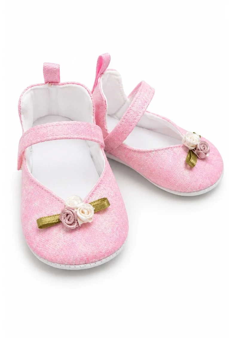 Balerini bebe roz eleganti cu floricele decorative, comozi si delicati pentru fetite