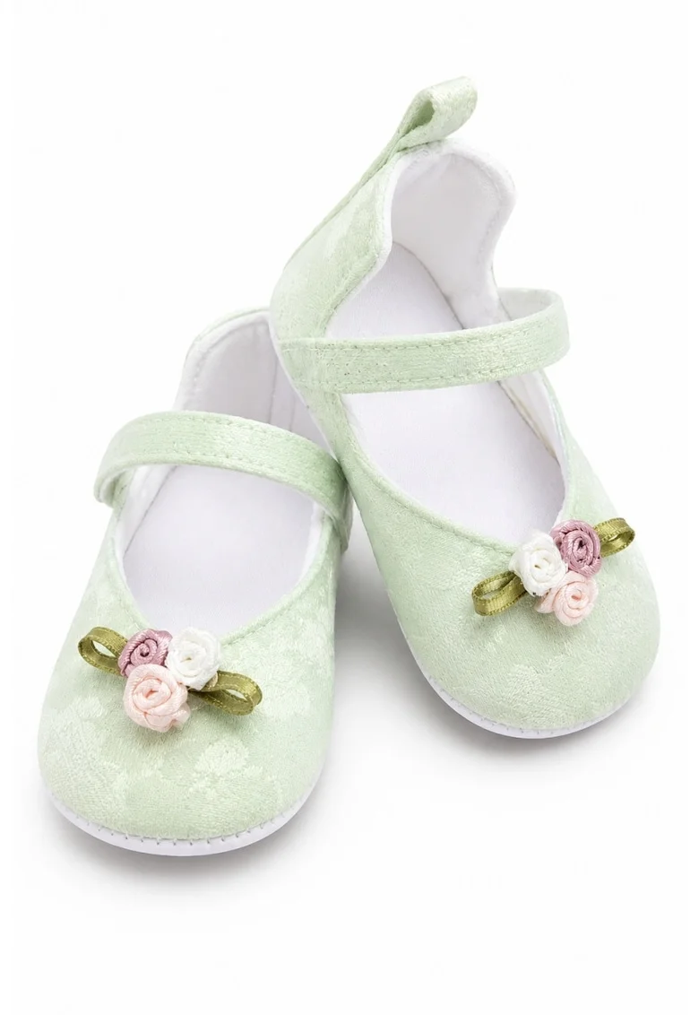 Balerini bebe vernil eleganti cu floricele decorative, comozi si delicati pentru fetite