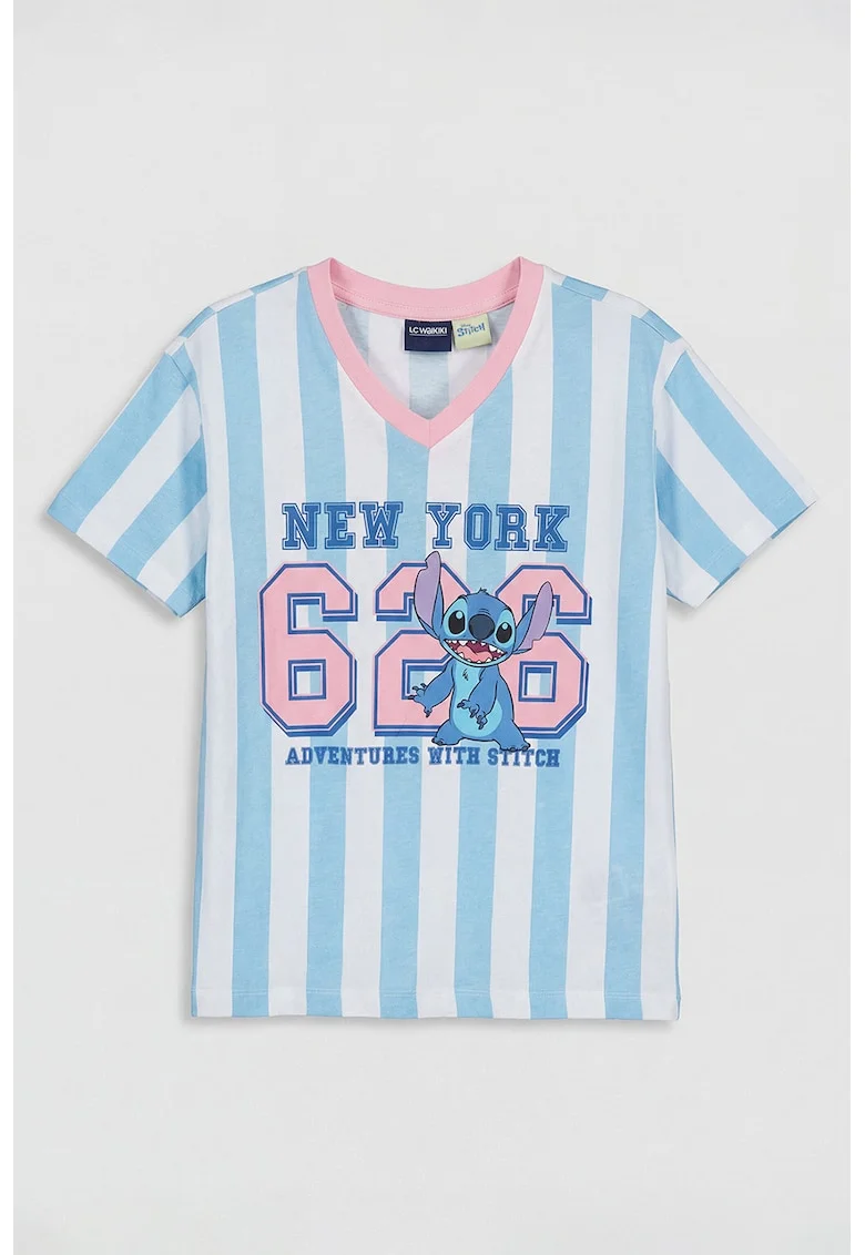 Tricou cu decolteu in V si imprimeu cu Stitch, Alb/Roz/Albastru