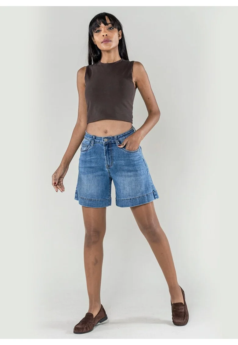 Blugi scurti albastri cu talie inalta P621-5 M7 20199, Albastru