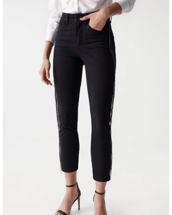 Blugi skinny cu franjuri laterale decorative