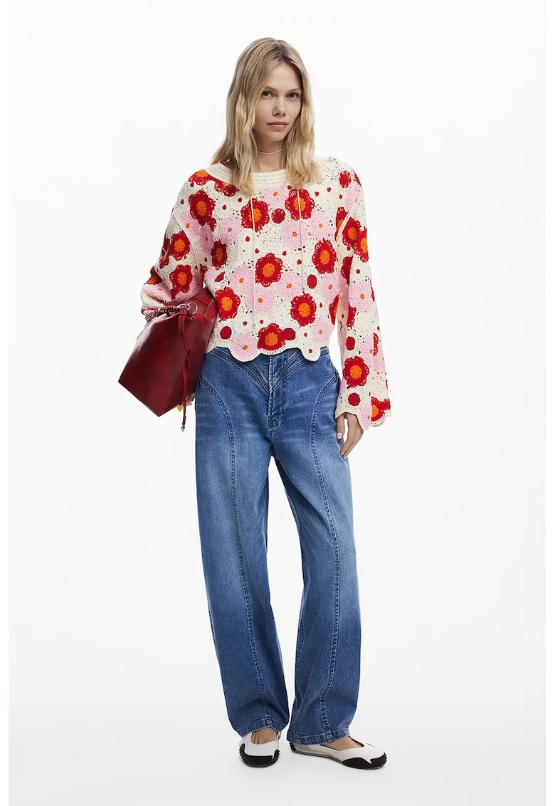 Bluza crosetata cu model floral, Rosu/Alb/Roz