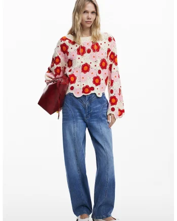 Bluza crosetata cu model floral, Rosu/Alb/Roz