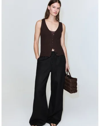 Pantaloni drepti din in cu snur, Negru