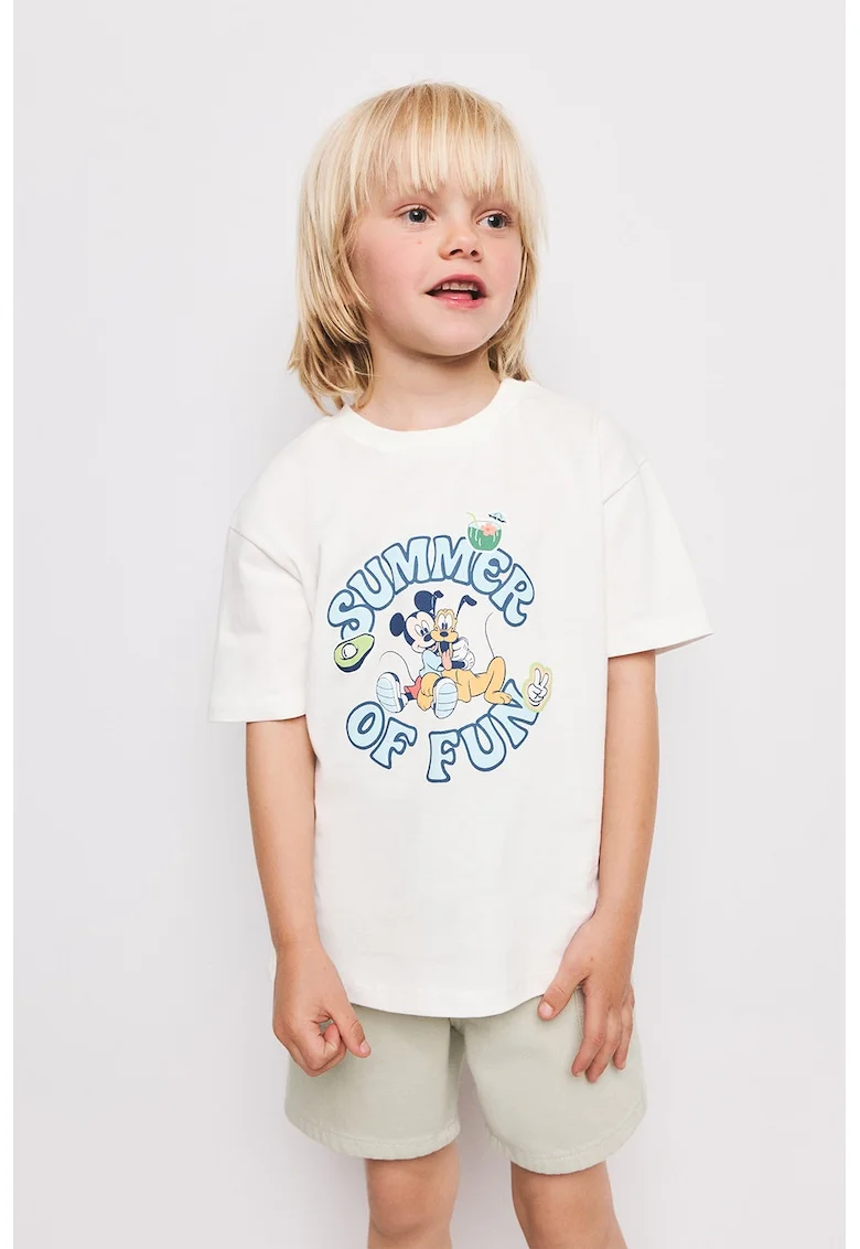 Tricou cu maneci cazute si imrpimeu Mickey Mouse, Alb/Albastru