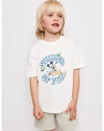 Tricou cu maneci cazute si imrpimeu Mickey Mouse, Alb/Albastru