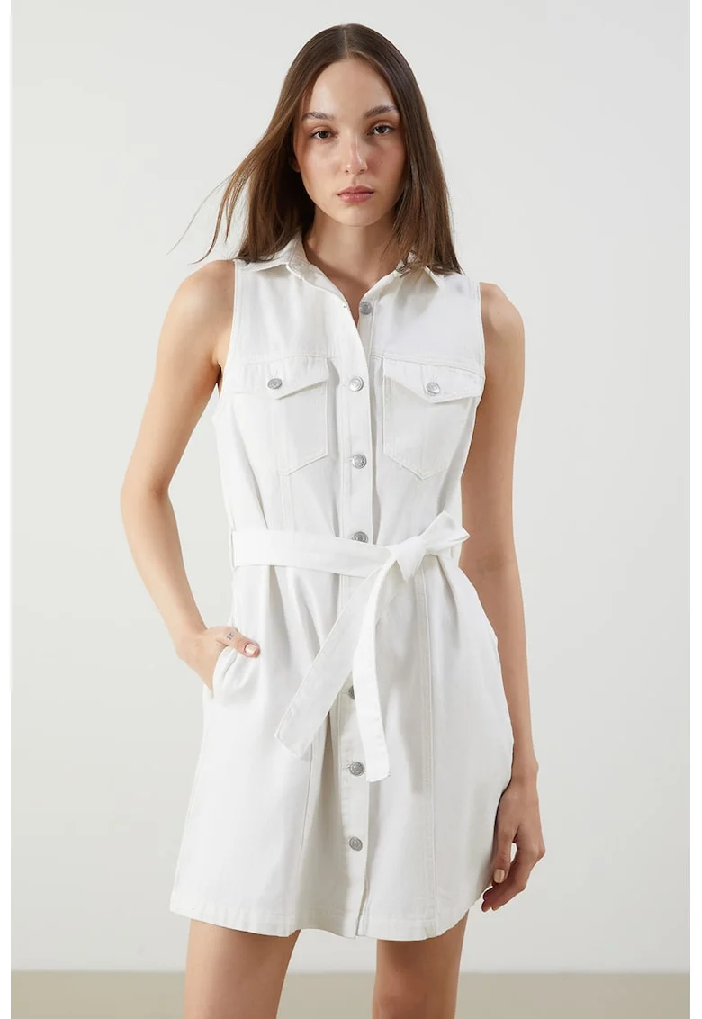 Rochie-camasa din denim cu buzunare multiple, Alb/Gri deschis