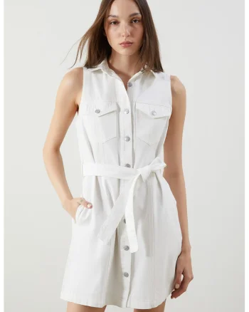 Rochie-camasa din denim cu buzunare multiple, Alb/Gri deschis
