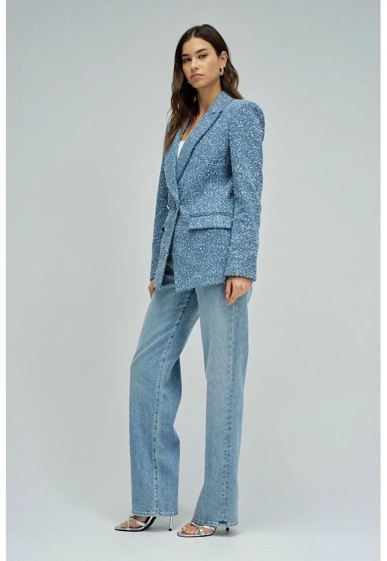 Sacou din material jacquard si paiete, Alb/Albastru lavanda