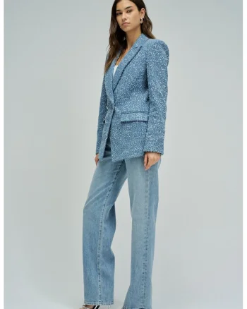 Sacou din material jacquard si paiete, Alb/Albastru lavanda