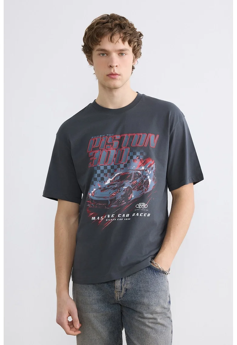 Tricou cu decolteu la baza gatului si imprimeu grafic, Albastru prafuit/Gri inchis