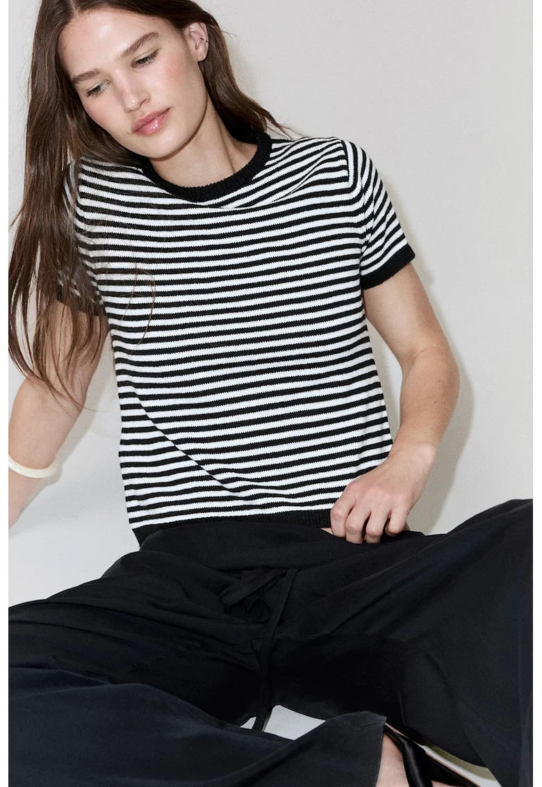 Tricou tricotat cu dungi, Alb/Negru