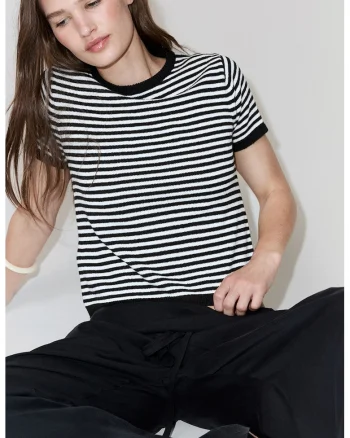 Tricou tricotat cu dungi, Alb/Negru