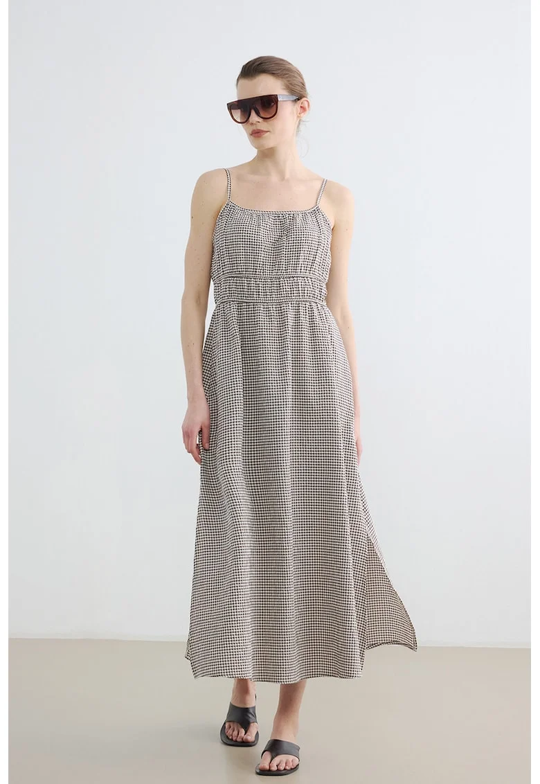 Rochie fara maneci cu model grafic, Maro inchis/Alb fildes
