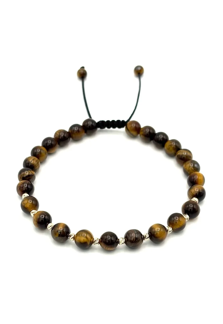 Bratara cu 10 bile din AUR 14K si pietre naturale Ochi de Tigru de 6mm, snur reglabil, barbat