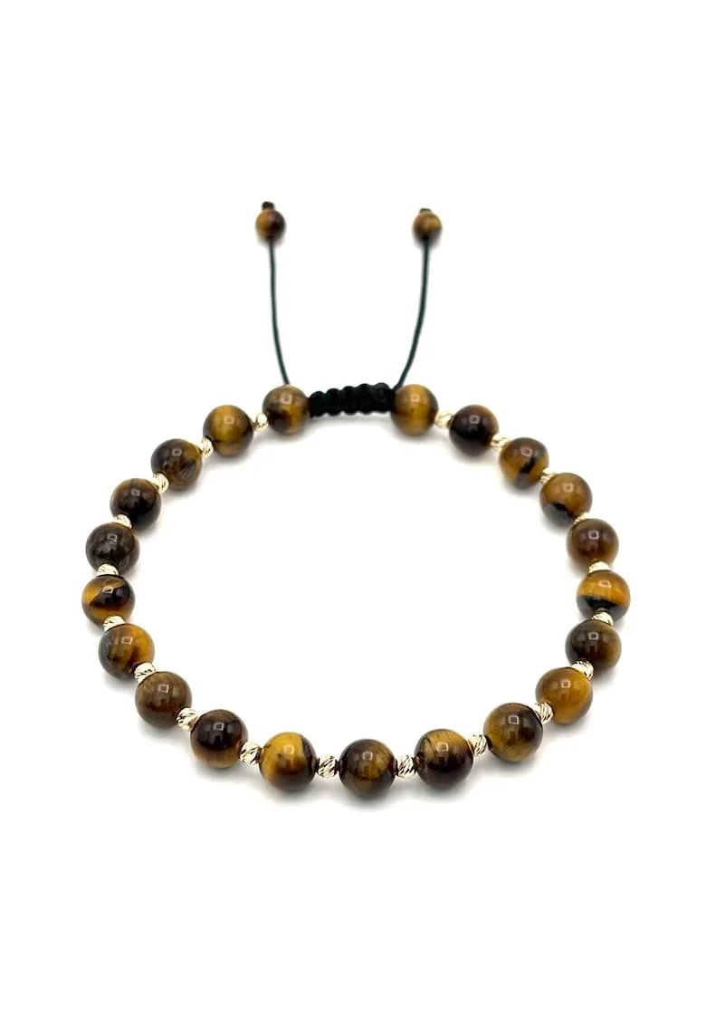 Bratara cu 20 bile din AUR 14K si pietre naturale Ochi de Tigru de 6mm, snur reglabil, barbat