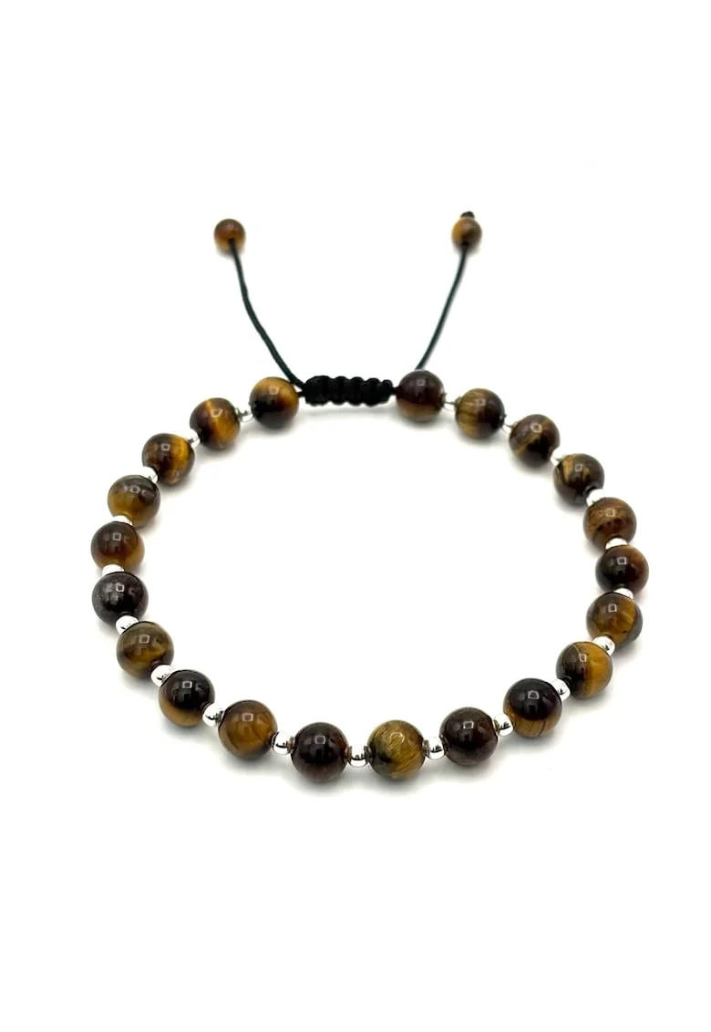 Bratara cu 20 bile din Argint 925 si pietre naturale Ochi de Tigru de 6mm, snur reglabil, barbat