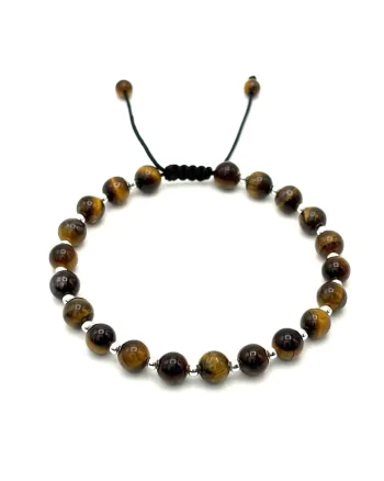 Bratara cu 20 bile din Argint 925 si pietre naturale Ochi de Tigru de 6mm, snur reglabil, barbat